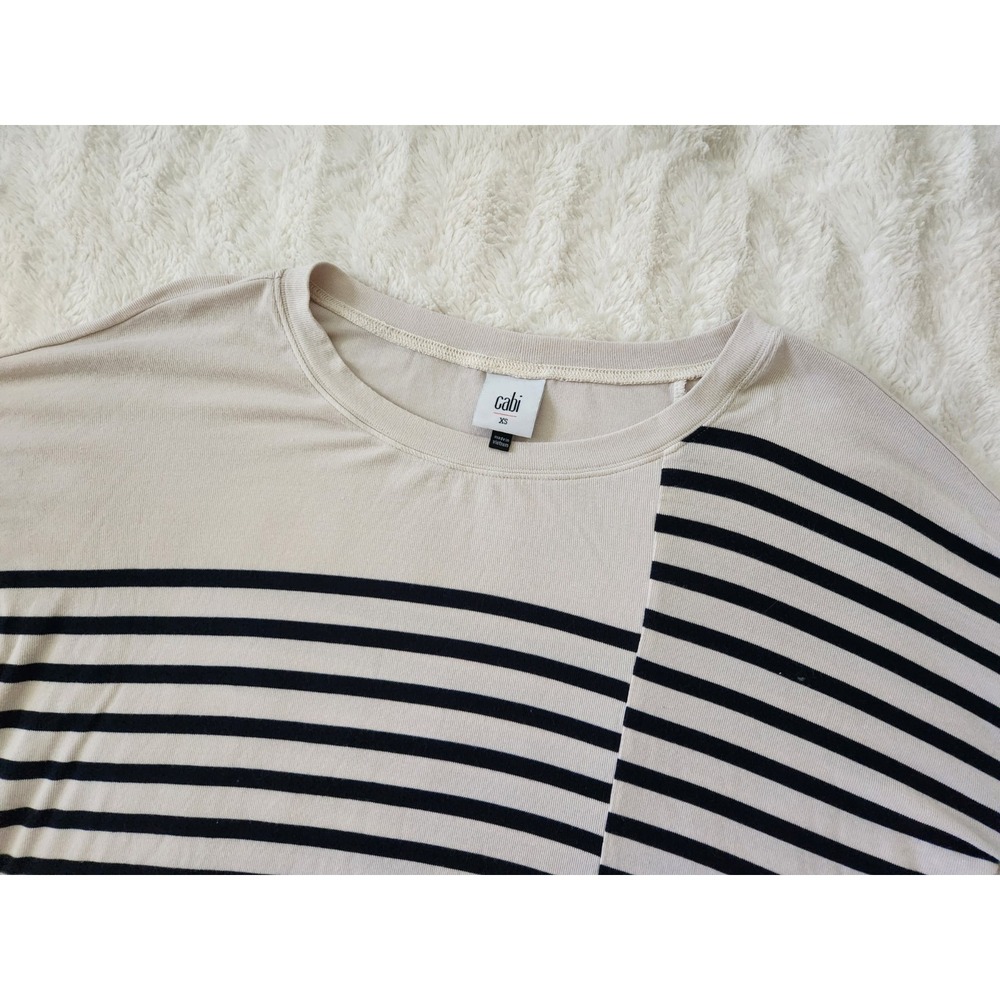 Cabi 4237 Womens‎ Tee Size XS Blue Beige Box Stripe Long Sleeve Rayon Blend